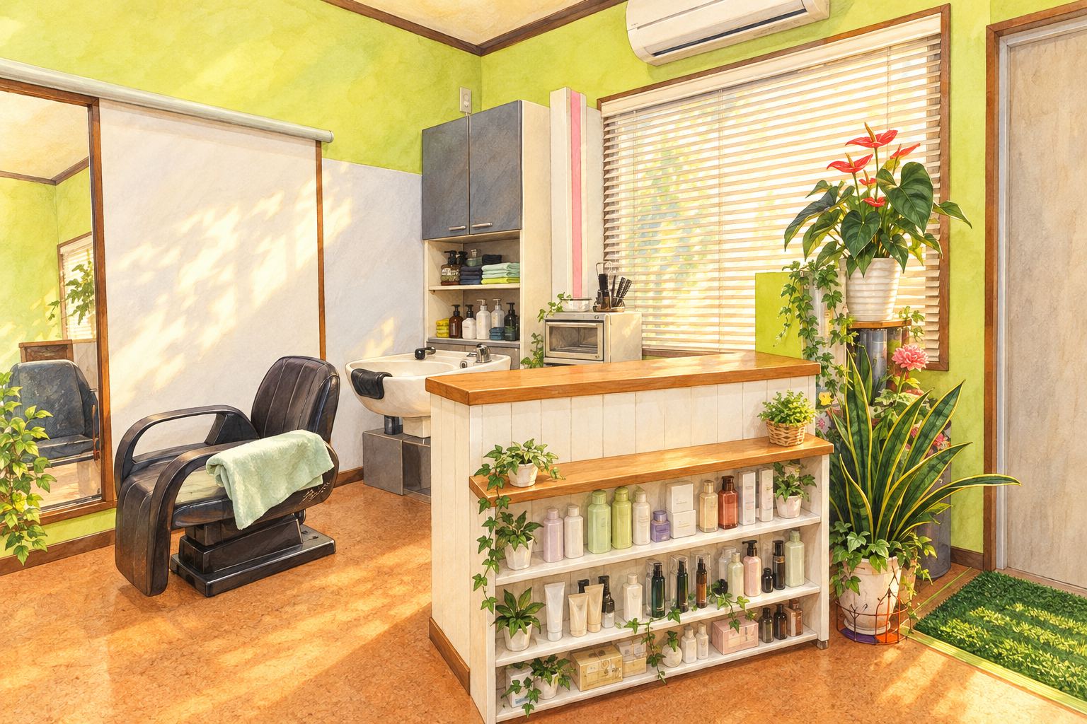 hair Anthurium の店内のイラスト。ライムグリーンの壁と白い木のカウンター、赤いアンスリウムの鉢植え